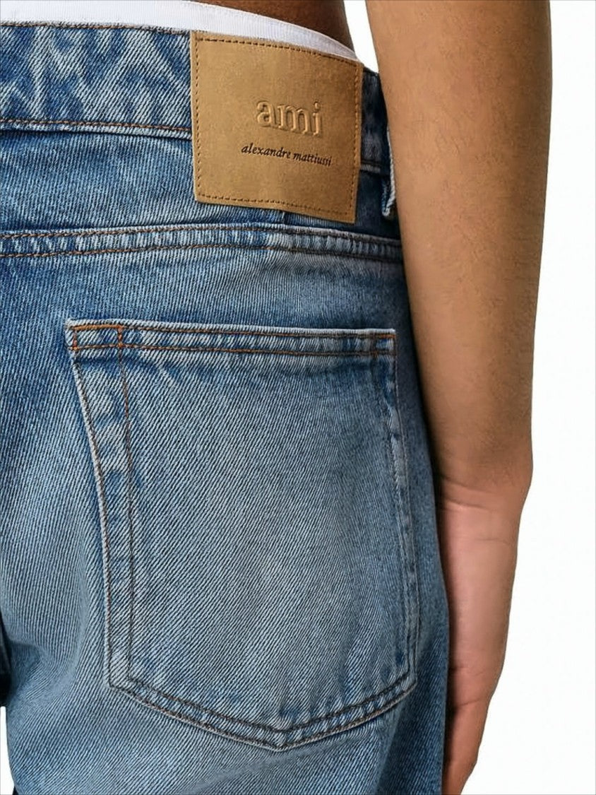 Medium Blue Straight-Leg Denim Pants With Five-Pocket Design