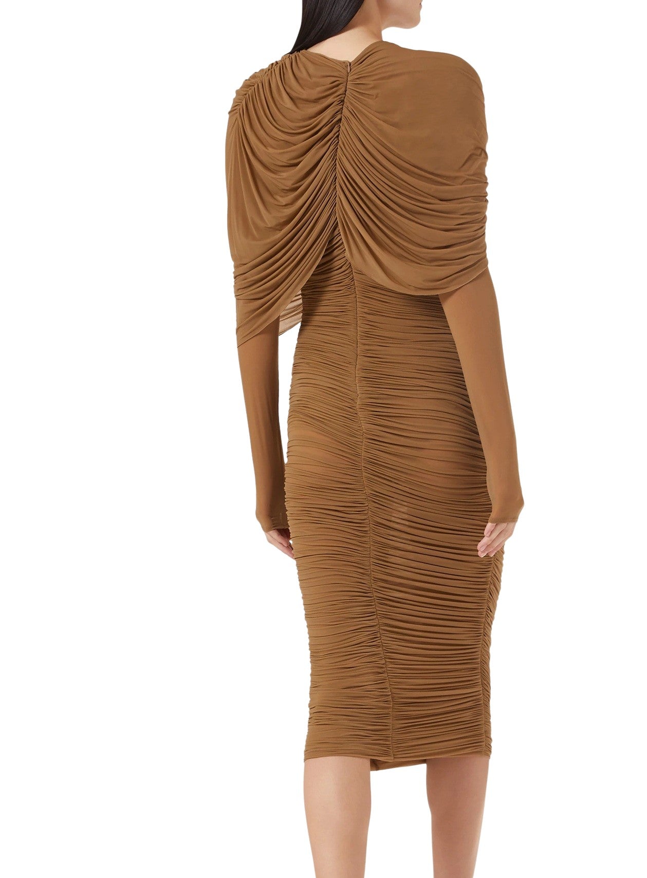 Sheer Cupro Midi Dress with Dramatic Cape Overlay