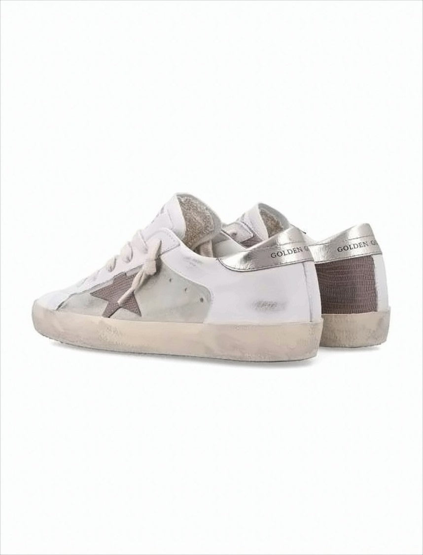 Distressed White Leather Low-Top Sneakers With Grey Suede Star