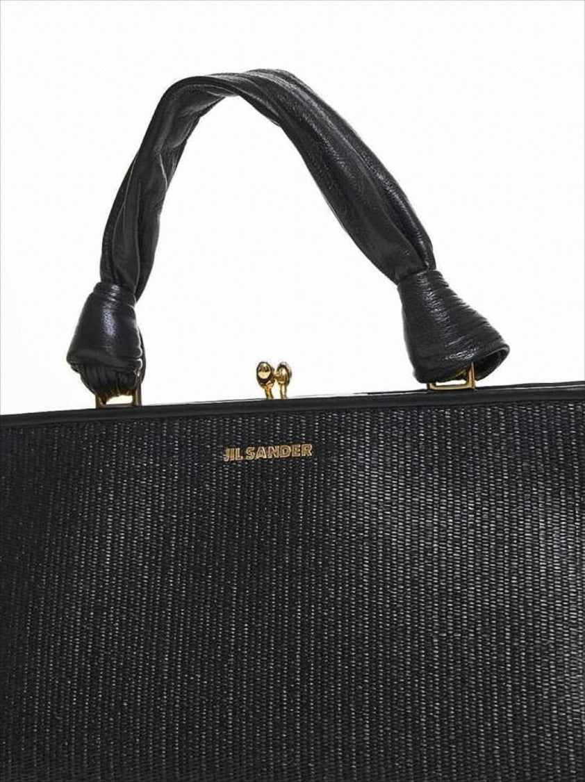 Textured Black Tote Bag with Gold-tone Clasp
