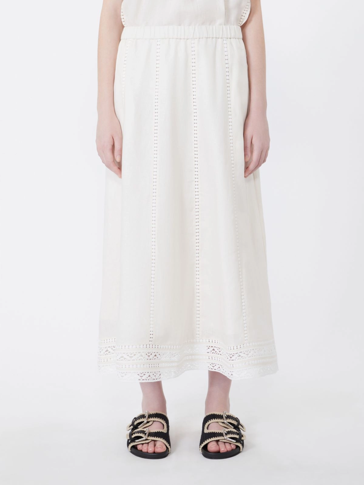 Flared Midi Skirt with Vertical Eyelet Detailing