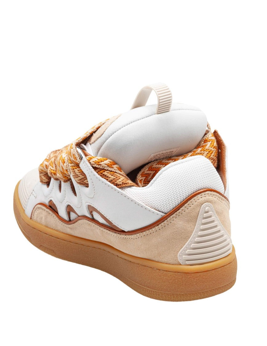 White/Honey Curb Leather And Fabric Sneakers