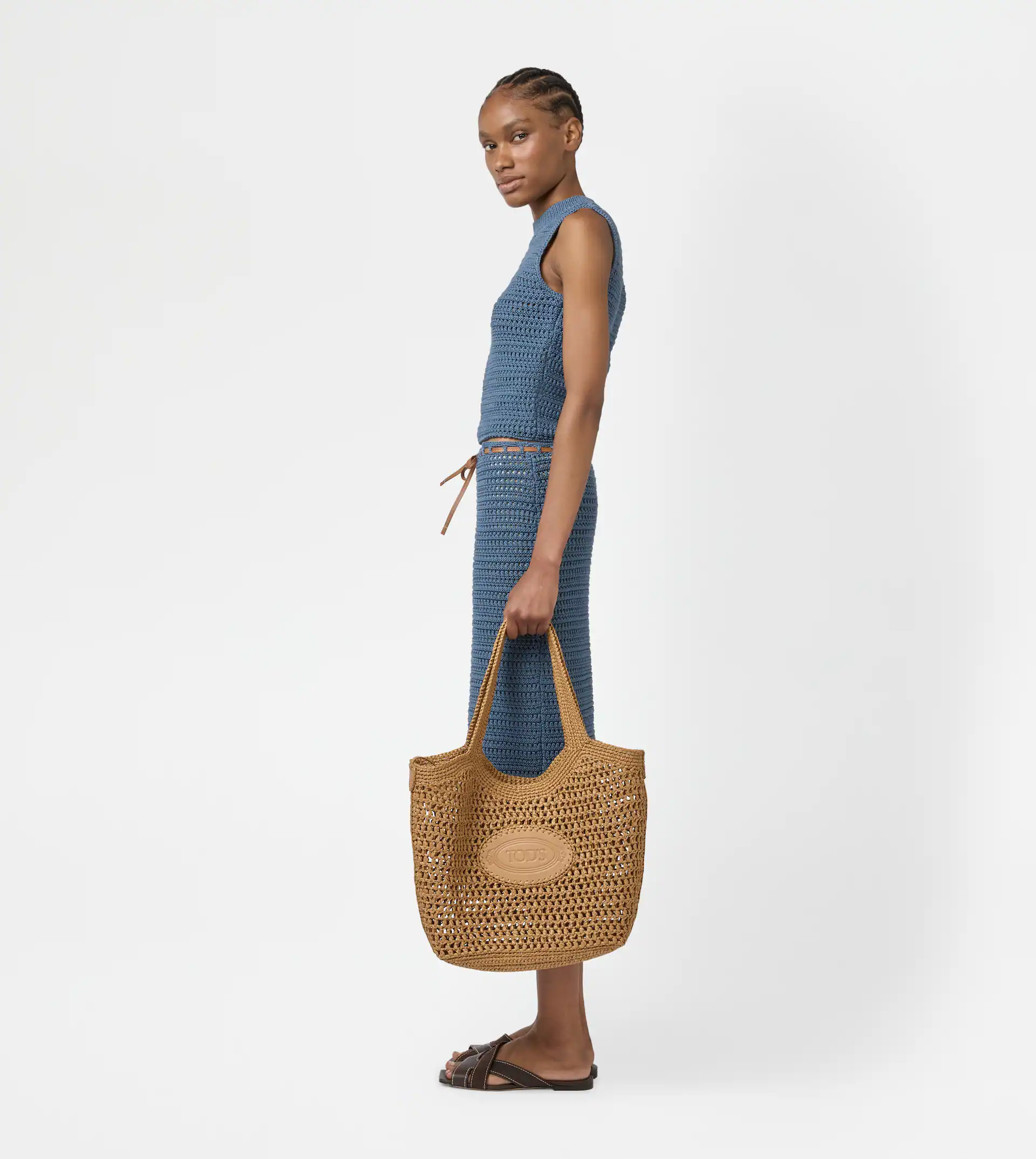 Medium Woven Tote Bag with Leather Logo Patch