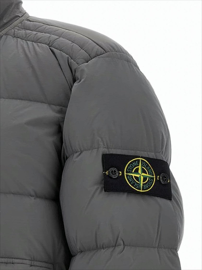 Quilted Grey Padded Jacket with High Collar and Distinctive Patch