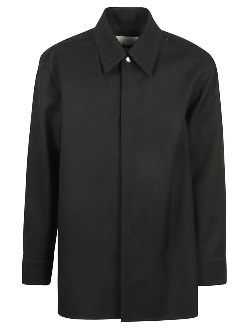 Button-Down Black Wool Shirt With Classic Collar
