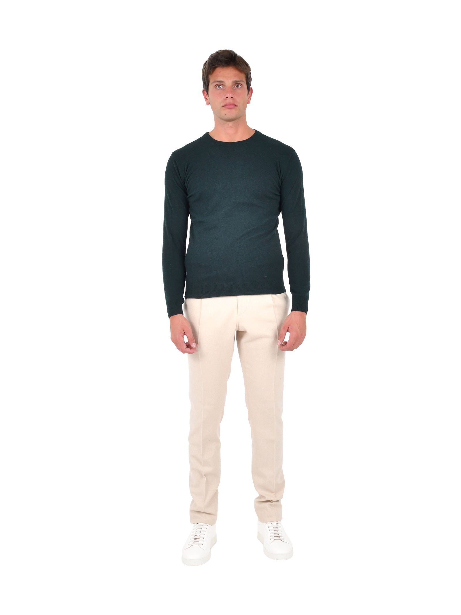 Crewneck Sweater In Deep Green Wool-Cashmere Blend