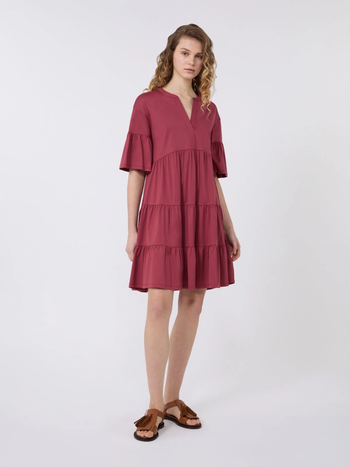 Loose Tiered Dress with Ruffled Sleeves and V-Neckline