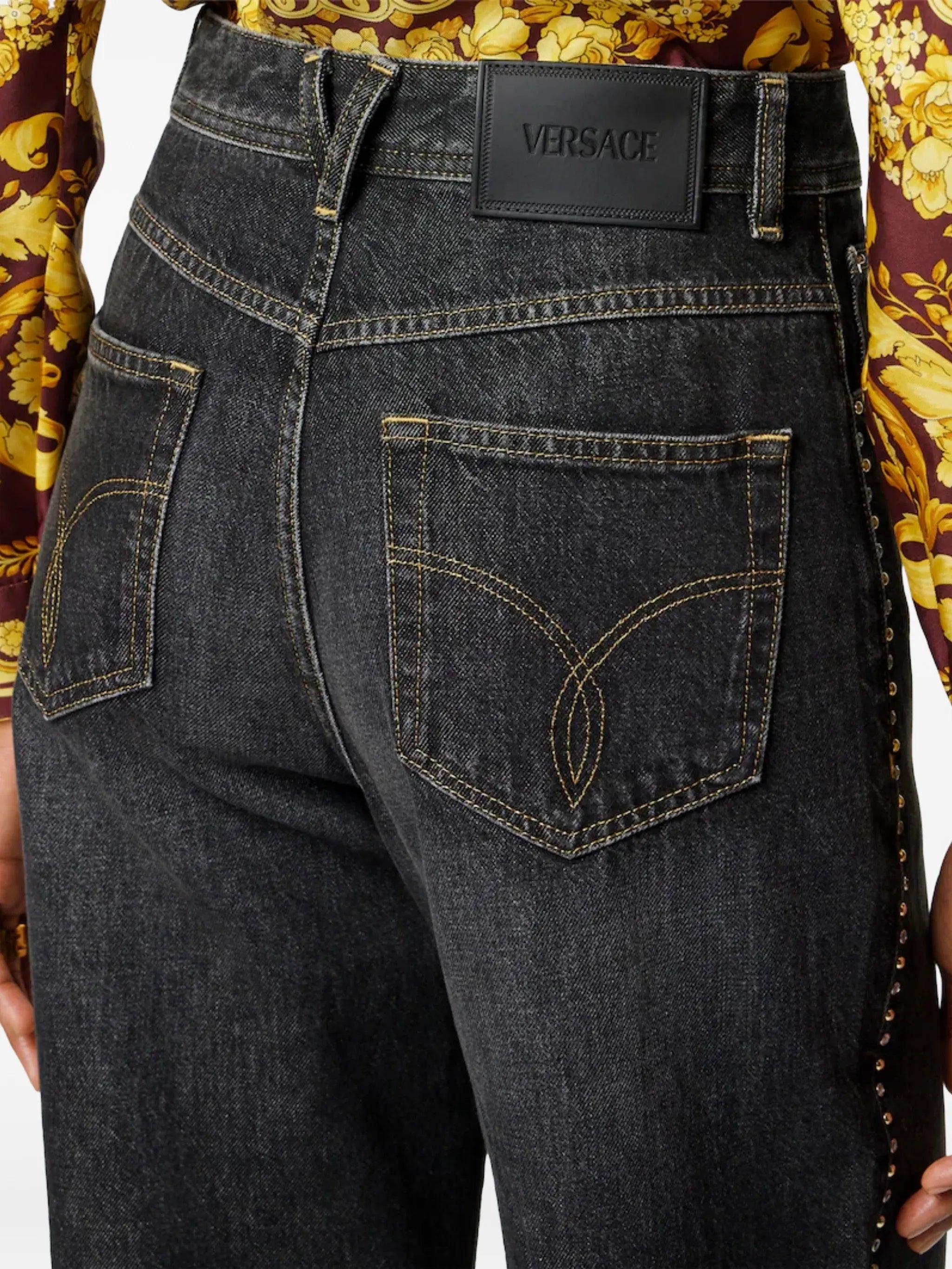 Dark Washed Wide-Leg Studded Denim Jeans