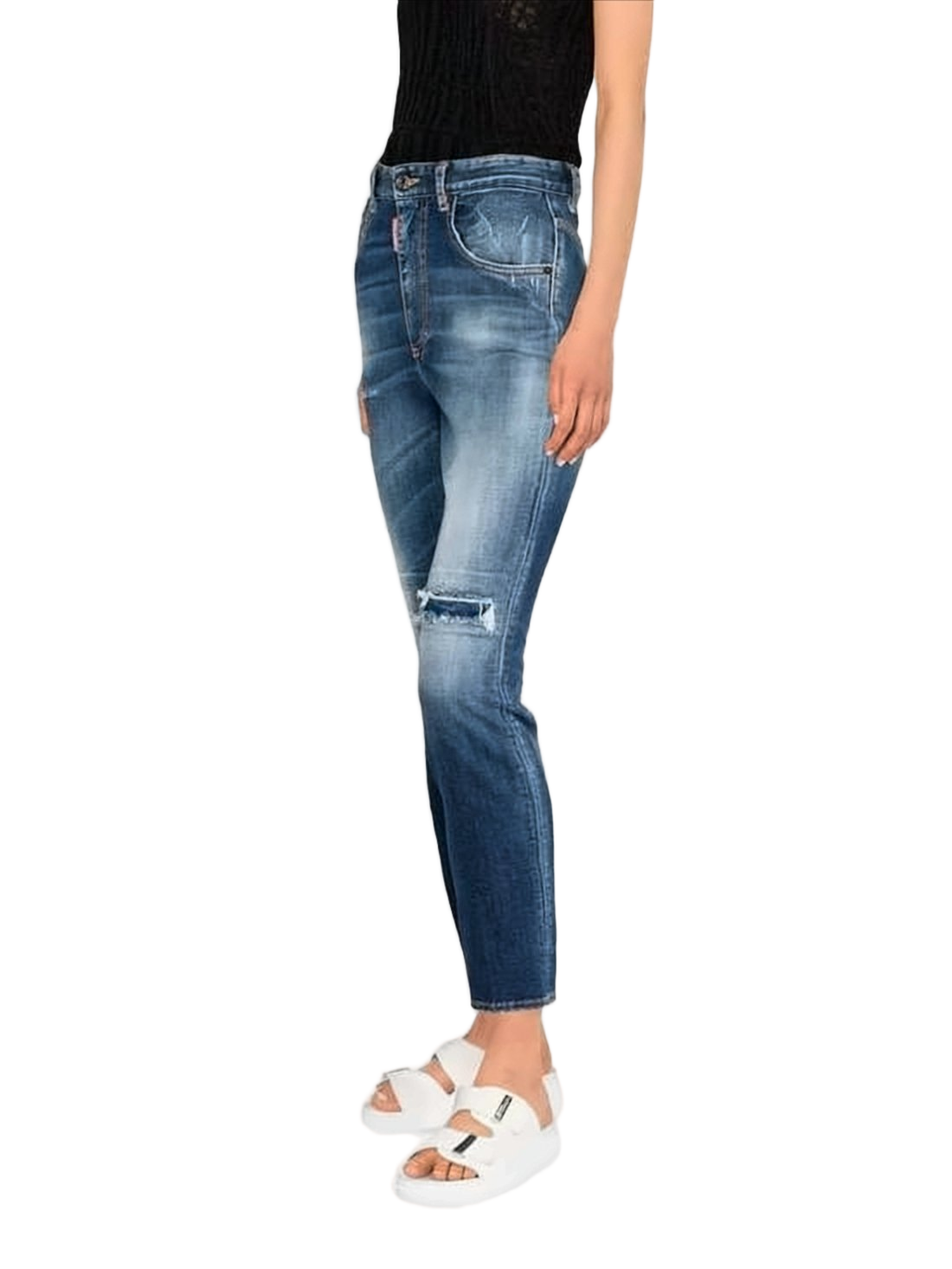 Slim-Fit Distressed Denim Pants with Unique Details