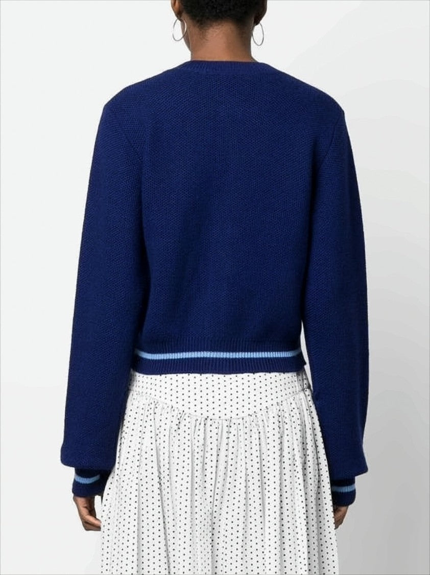 Cropped Deep Navy Cardigan with Textured Wool and Contrasting Stripes