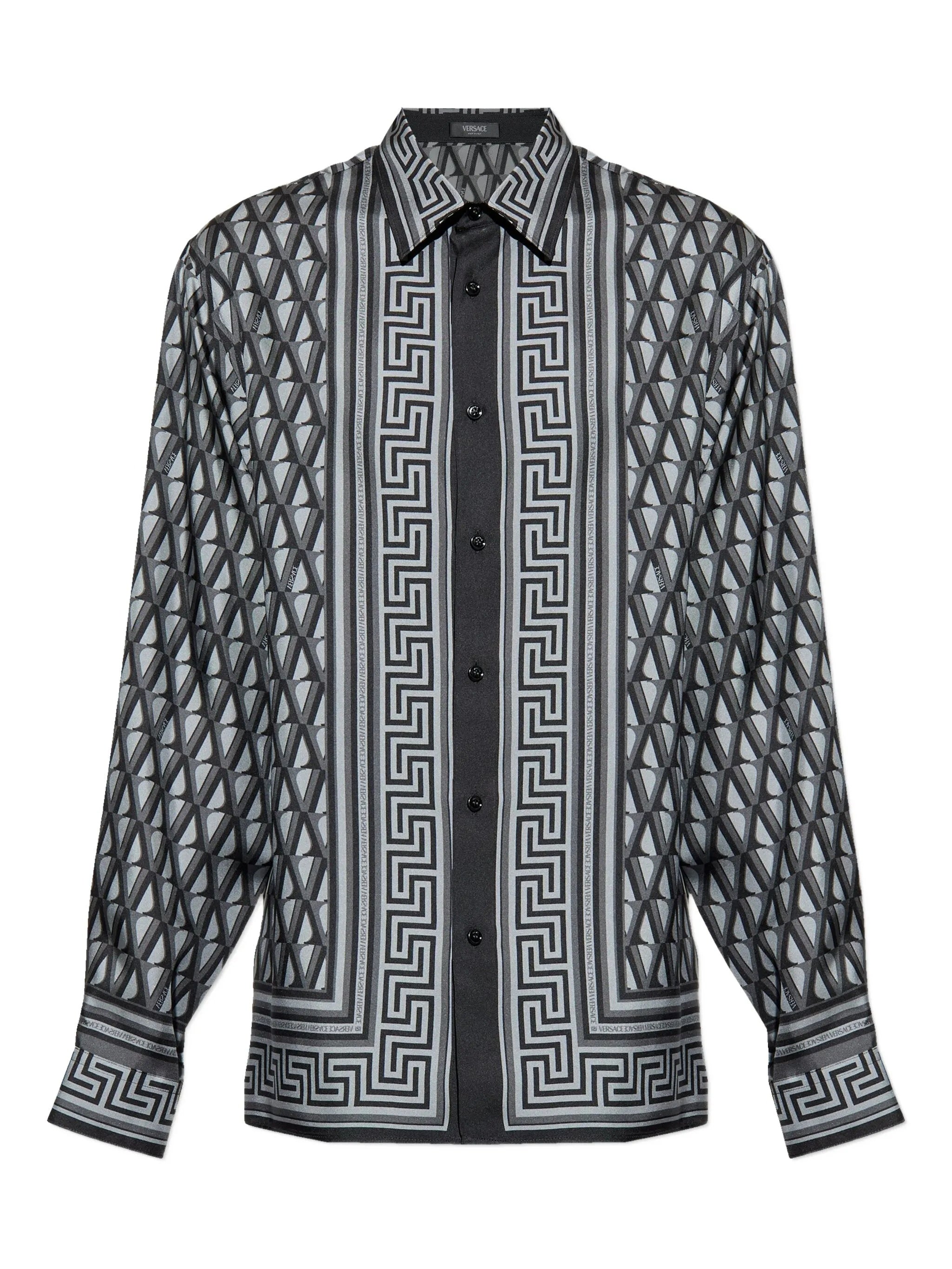 Blue Geometric Greek Key Silk Shirt