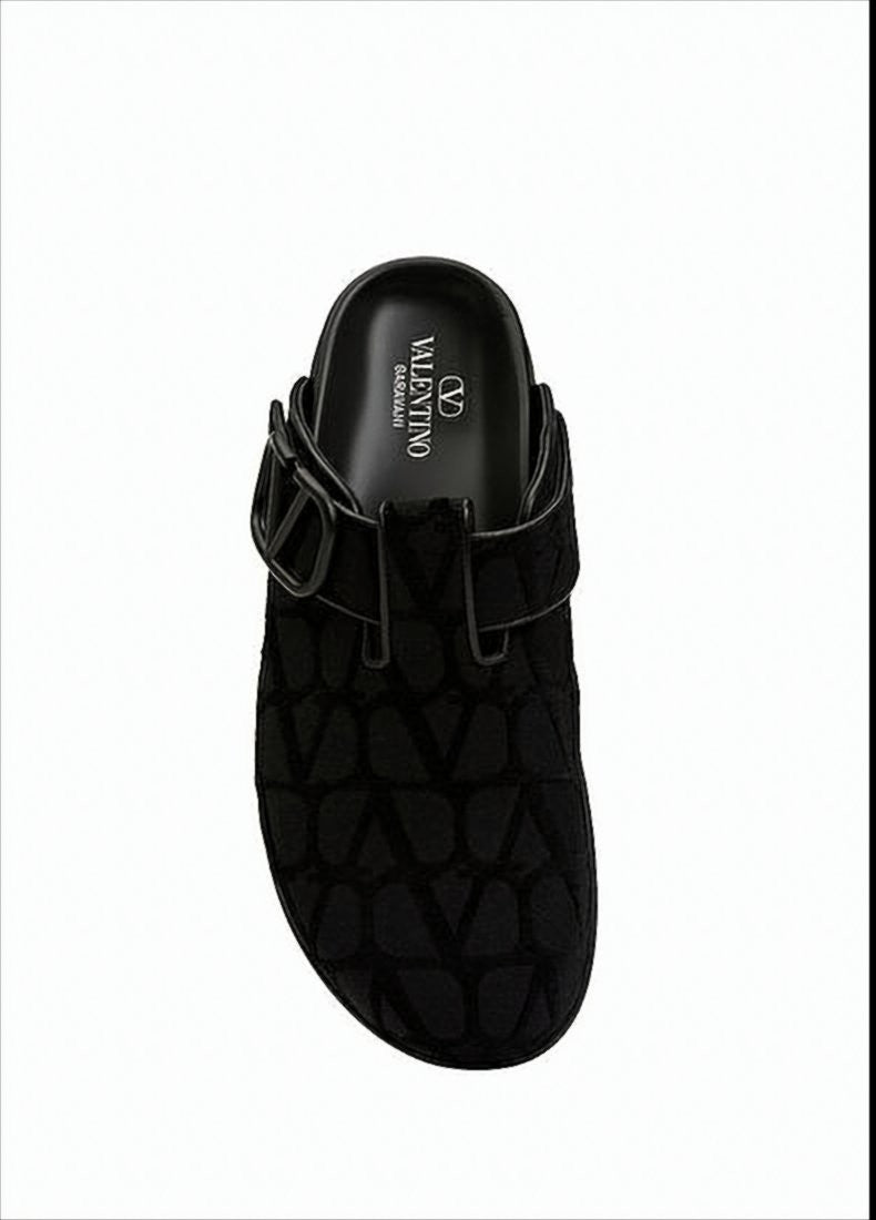 Textured Black Fabric Slip-On Mules