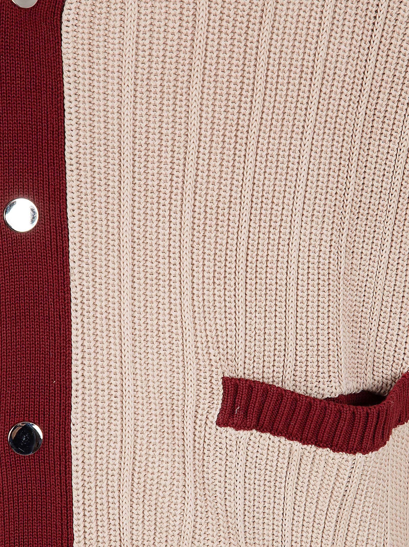 Ribbed Cardigan with Burgundy Accents and Button-Down Front