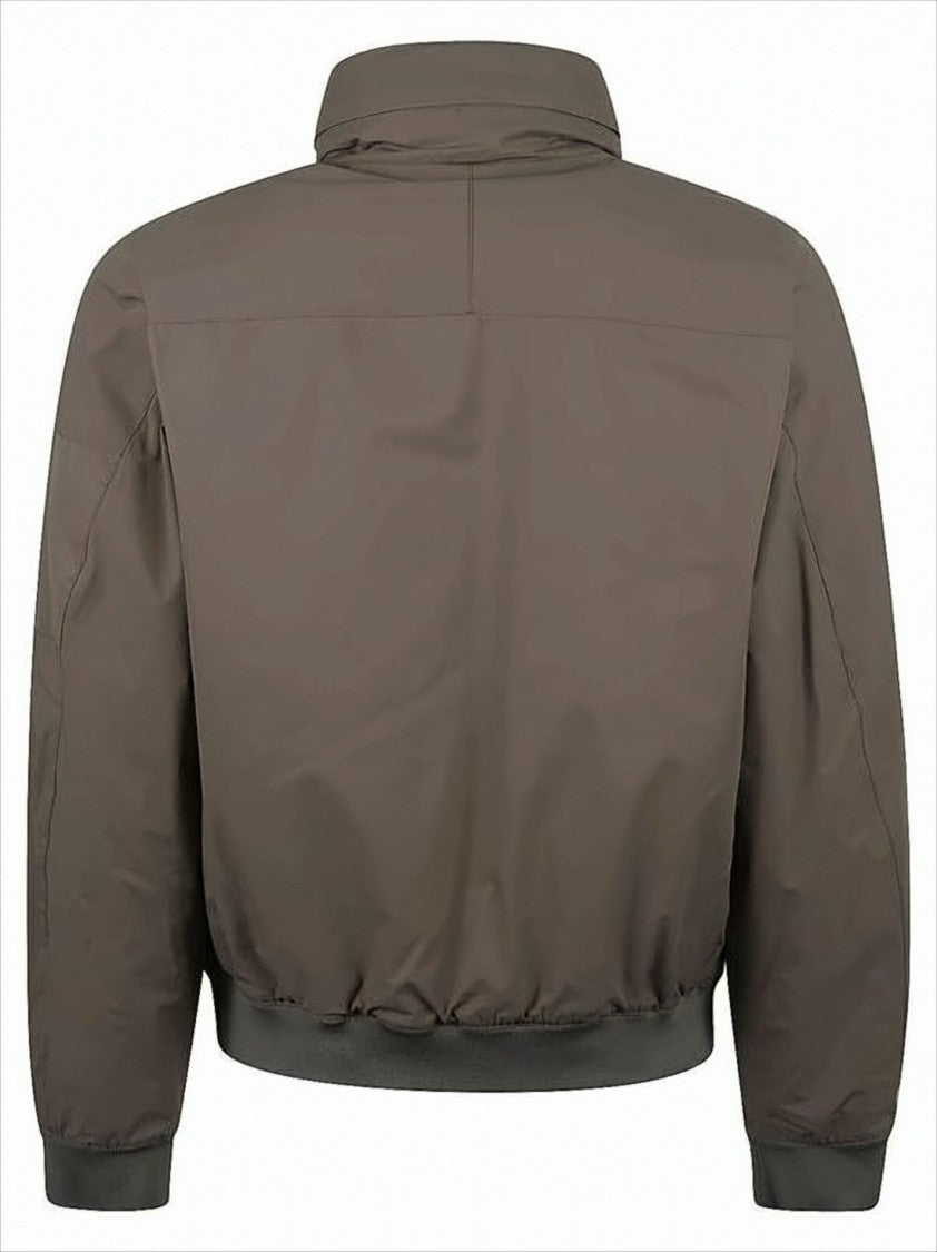 Brown Bomber Jacket With High Collar And Ribbed Details