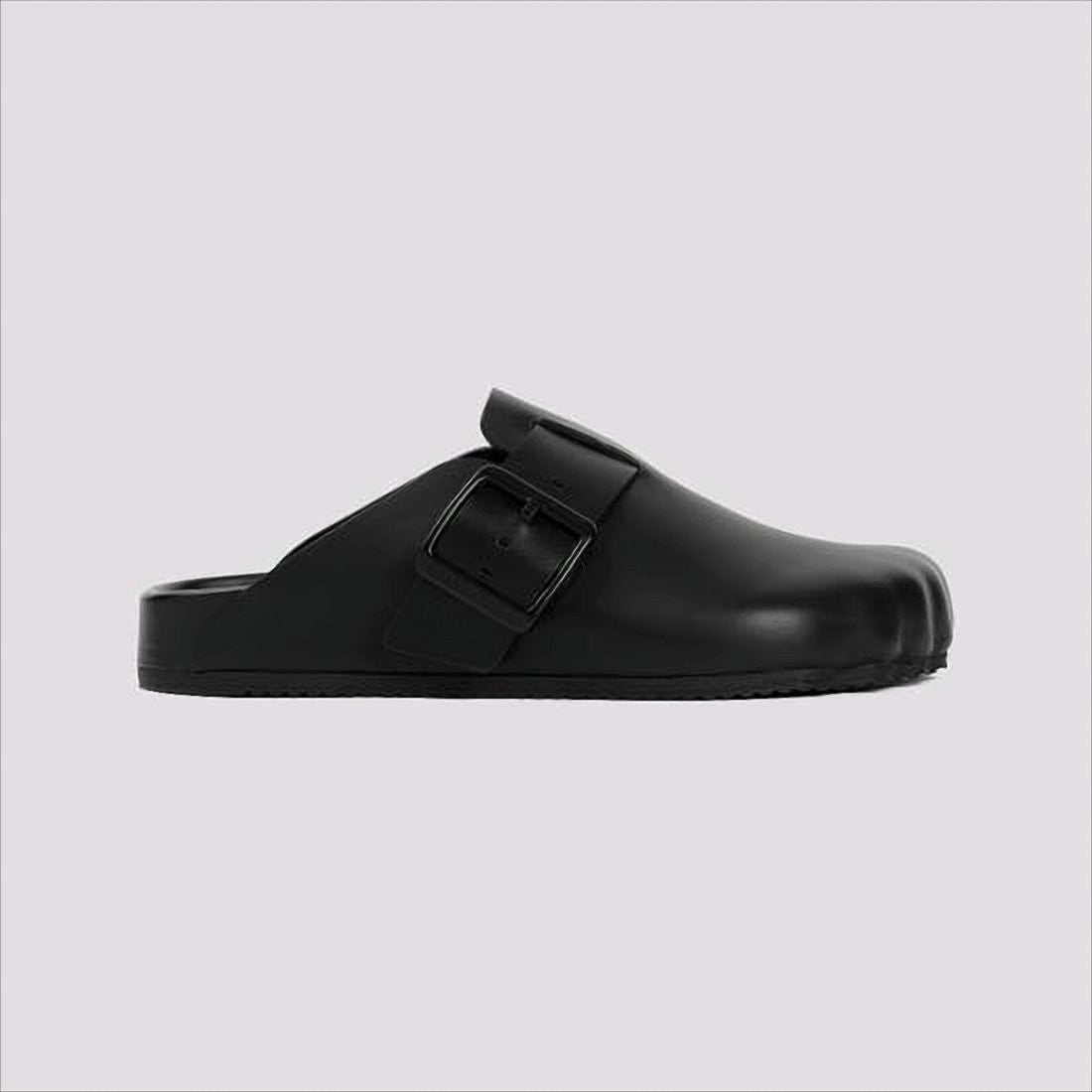 Black Calf Leather Mule with Statement Buckle