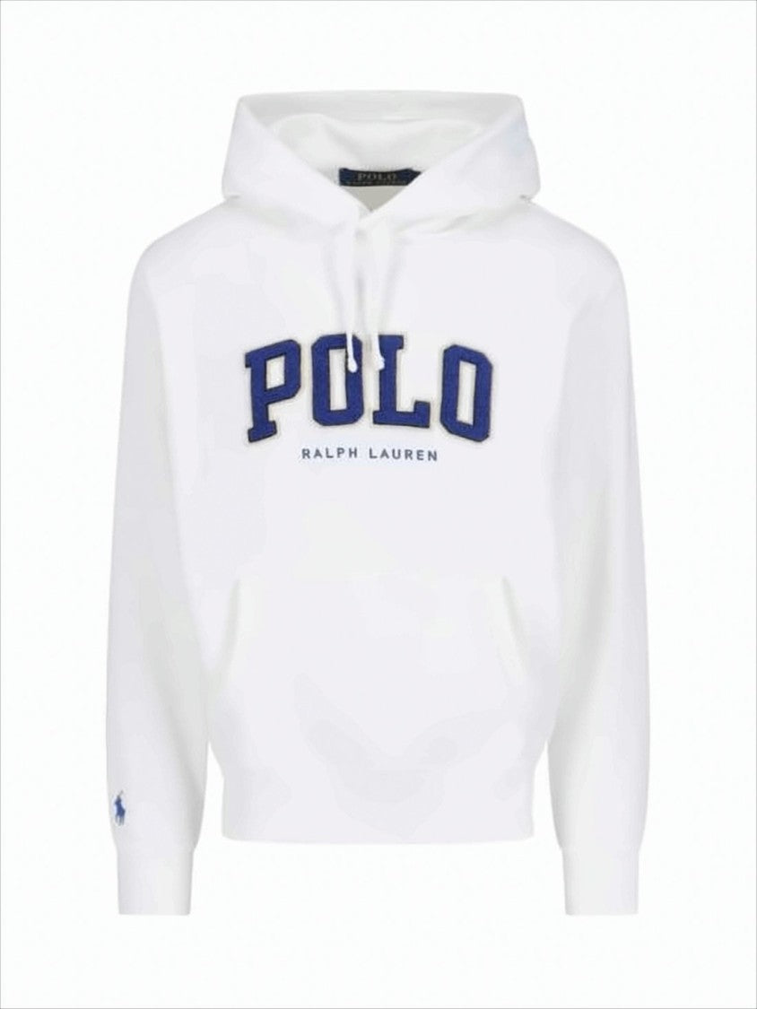 White Hoodie With Bold Polo Text And Kangaroo Pocket