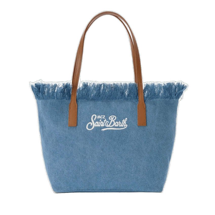 Medium Denim Shopper with Fringed Top Edge