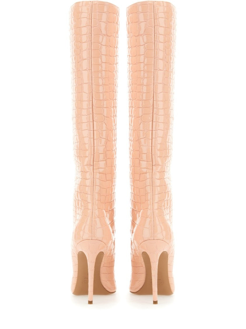 Knee-High Leather Boots With Glossy Crocodile Finish