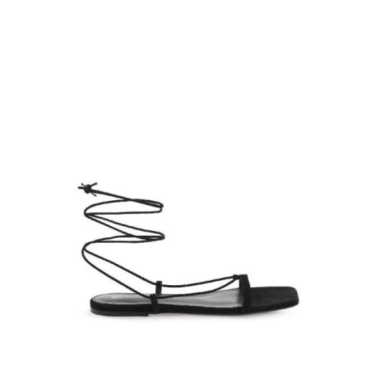 Minimalist Black Suede Sandals with Wrap-Around Ankle Laces