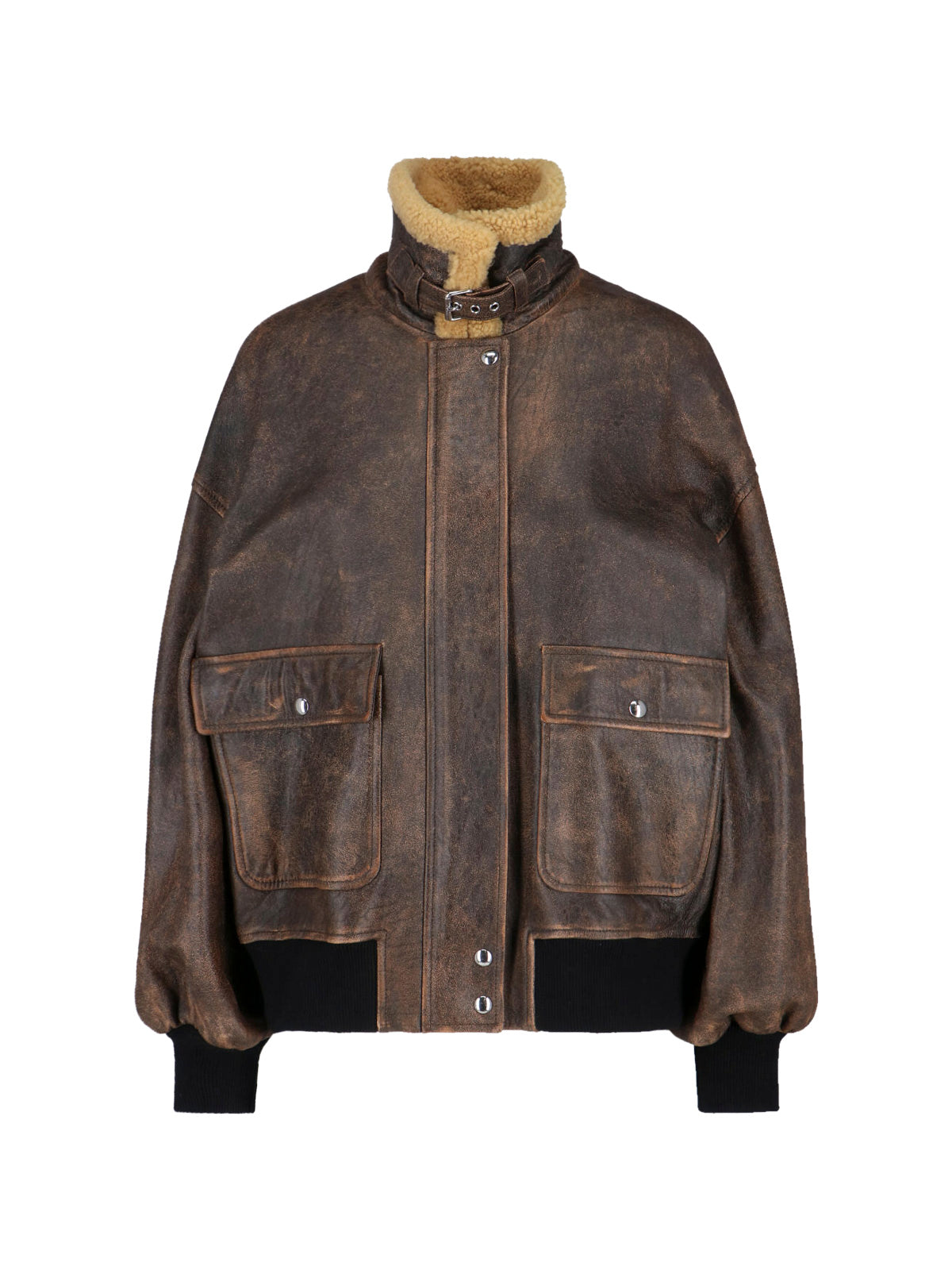 Distressed Brown Leather Jacket with Shearling Collar
