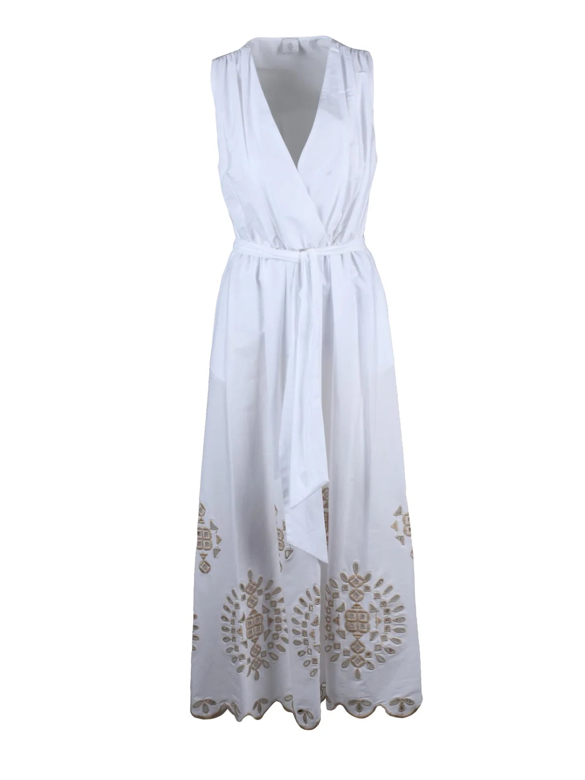 White Beige Cotton Elastane Women Long Dress