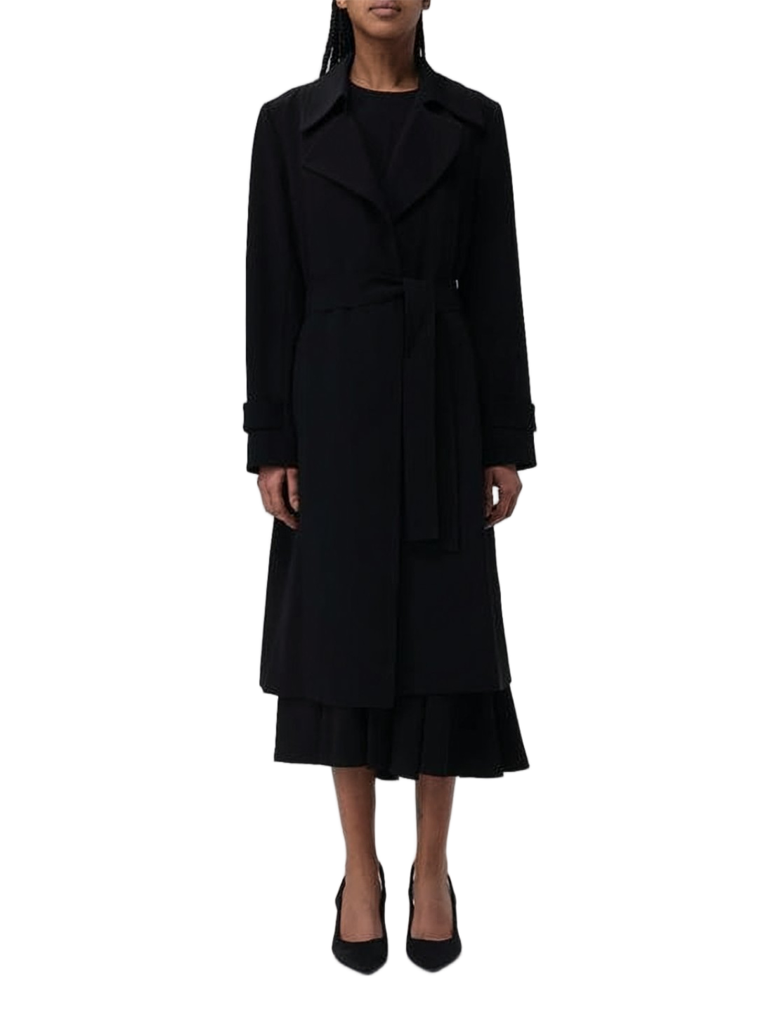 Tailored Black Coat with Classic Lapel and Self-Tie Belt