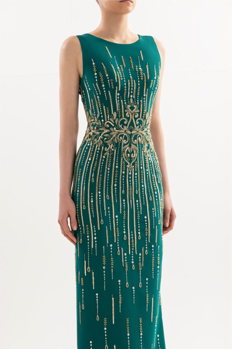 Long Crepe Beaded Dress