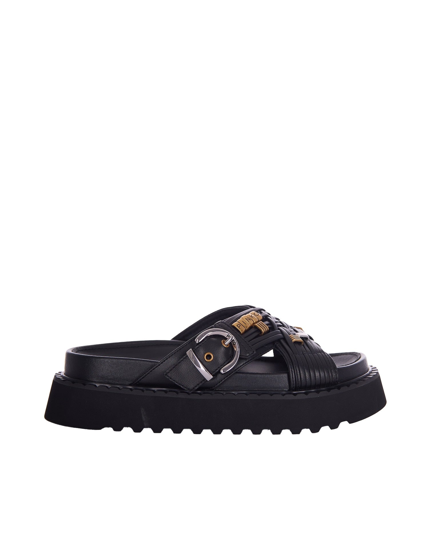 Woven Black Eco-Leather Sandals With Metallic Accents