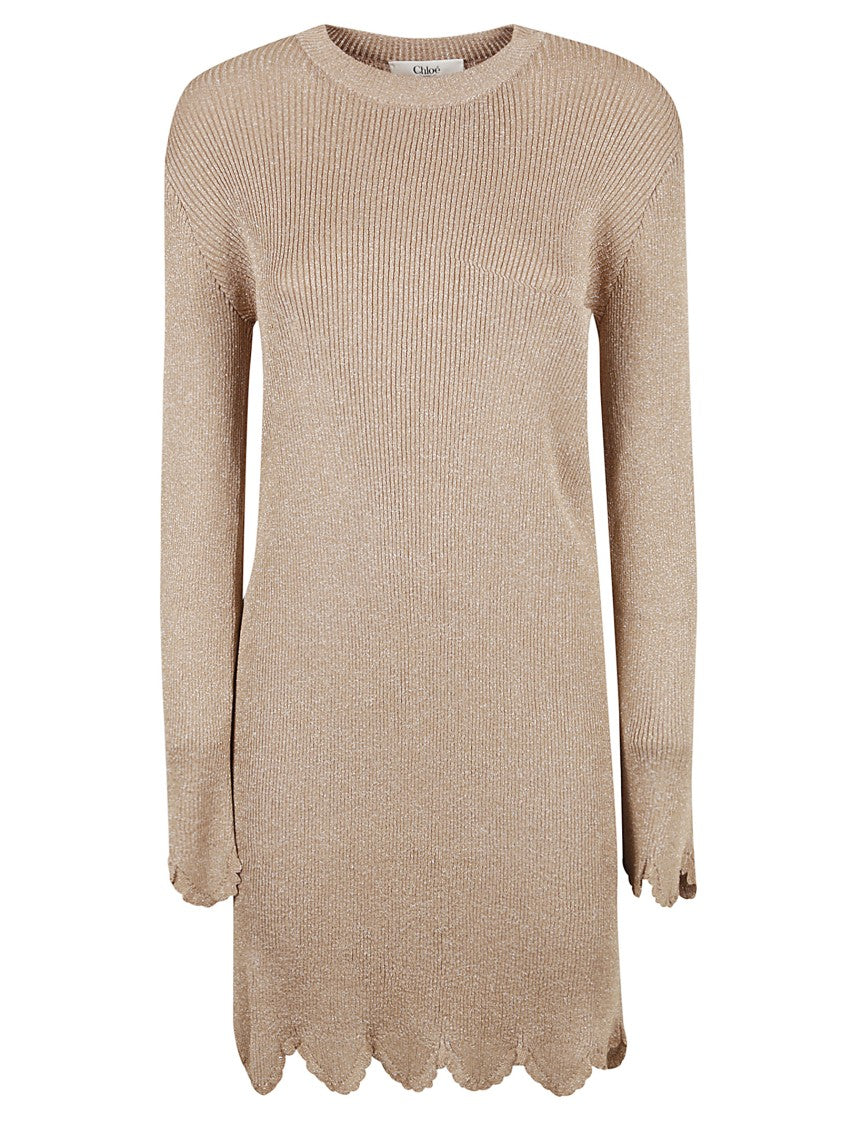 Ribbed Long Sleeve Dress With Scalloped Hemline