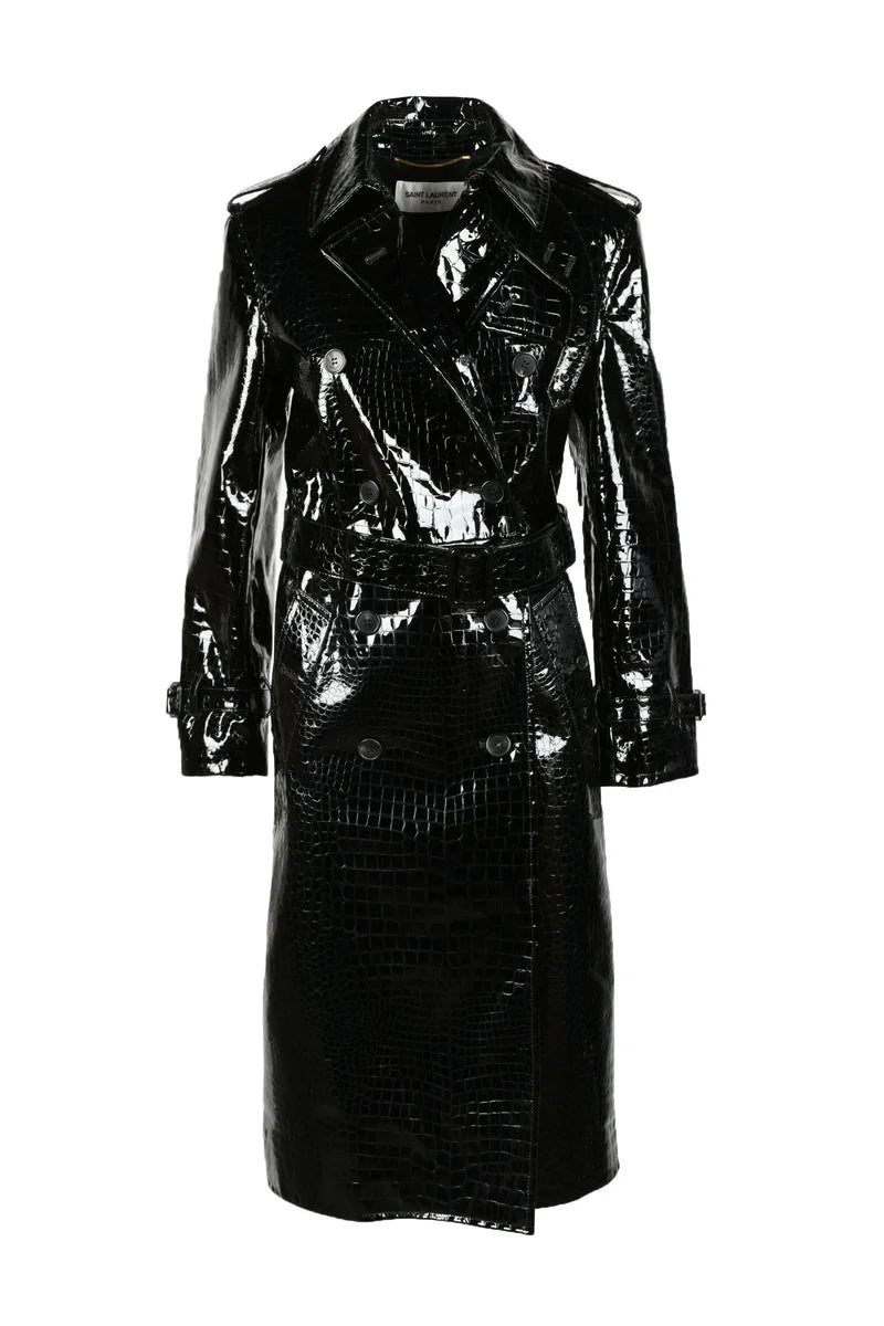 Patent Leather Trench Coat - Black