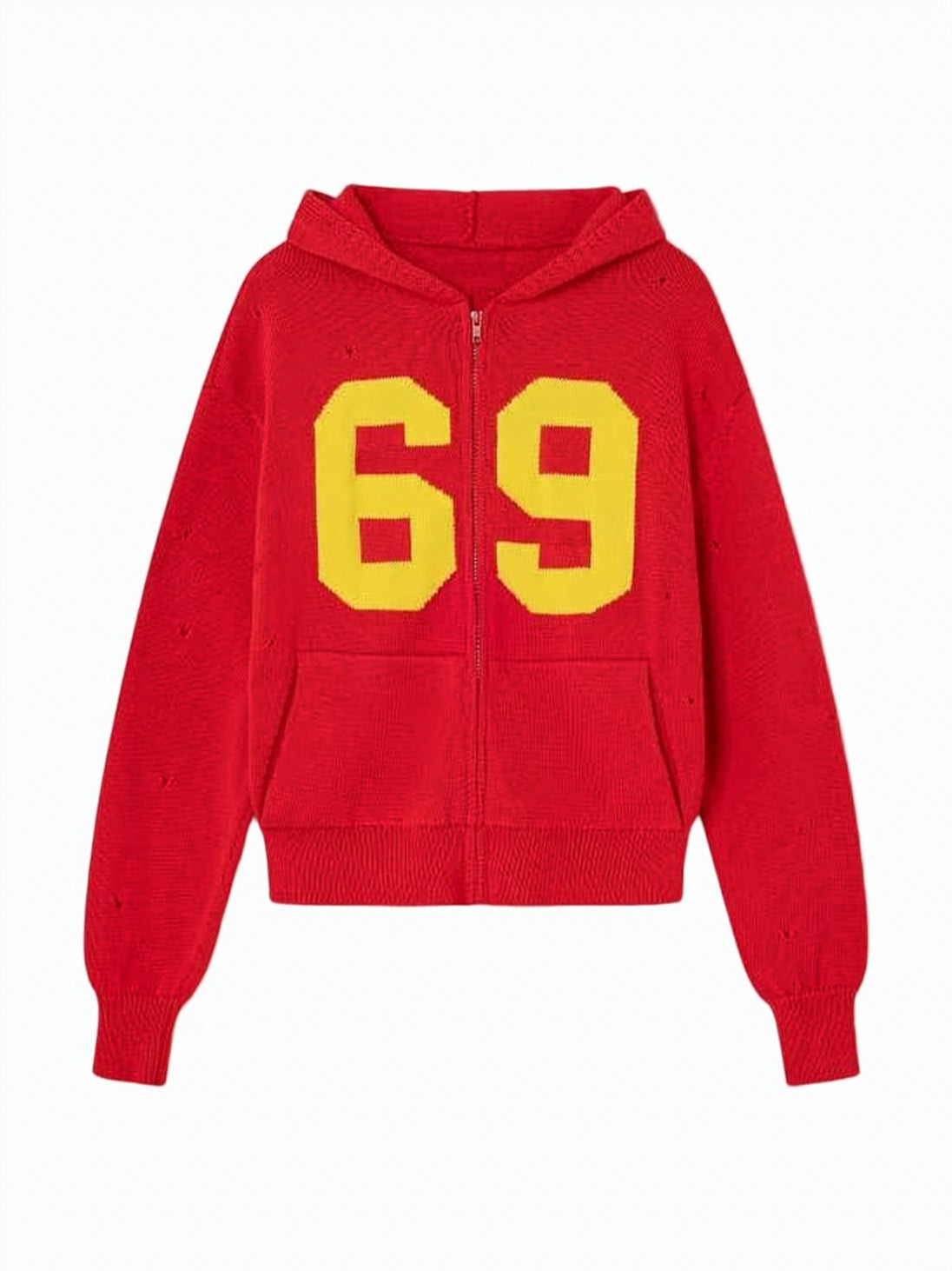 Red Knitted Zip-up Kangaroo Pocket Hoodie