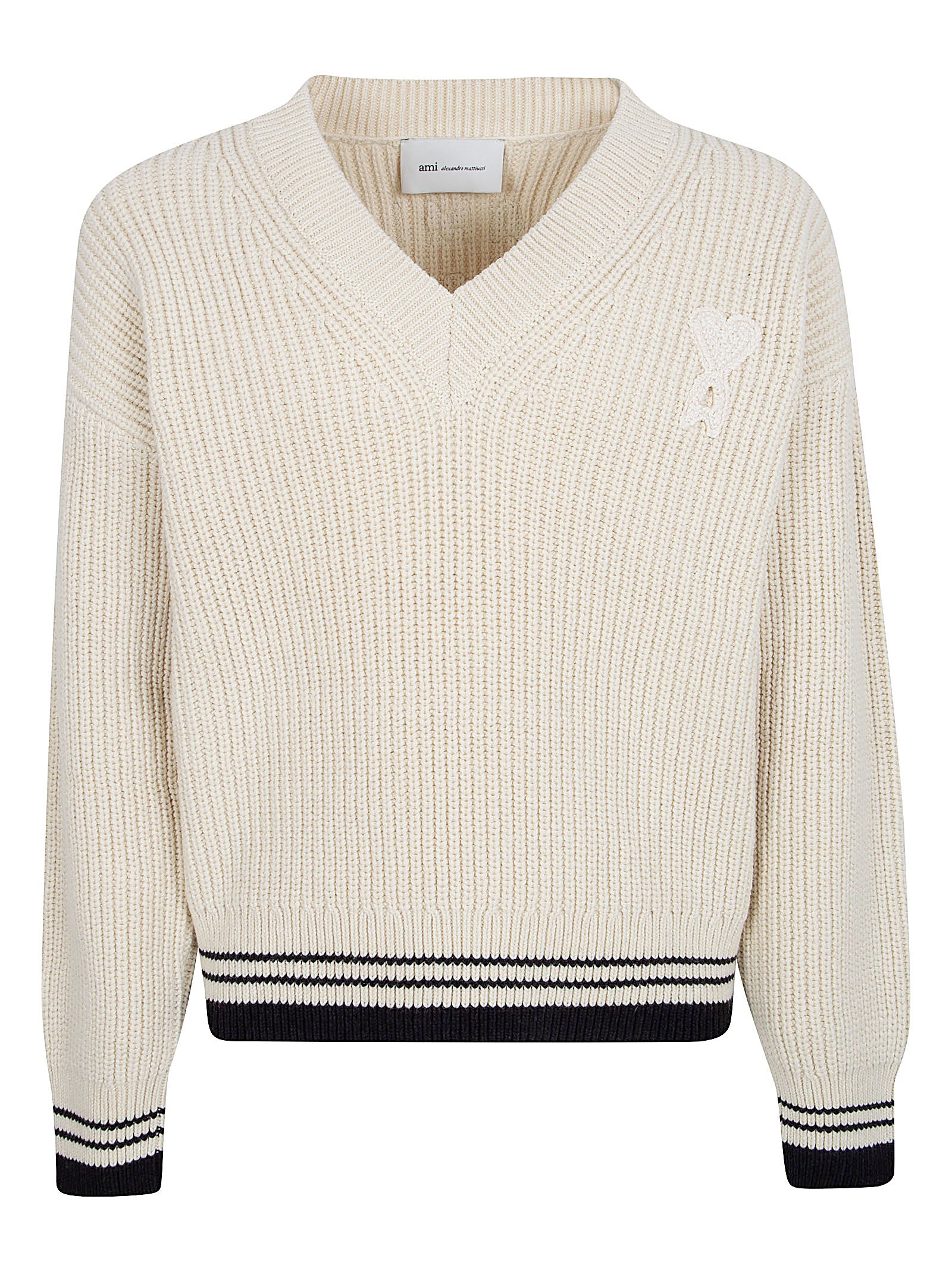 Ribbed Knitted Sweater with V-Neckline and Crochet Accents