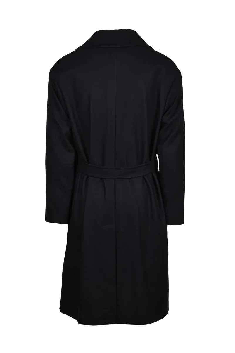 Mid-Length Black Coat with Self-Tie Belt