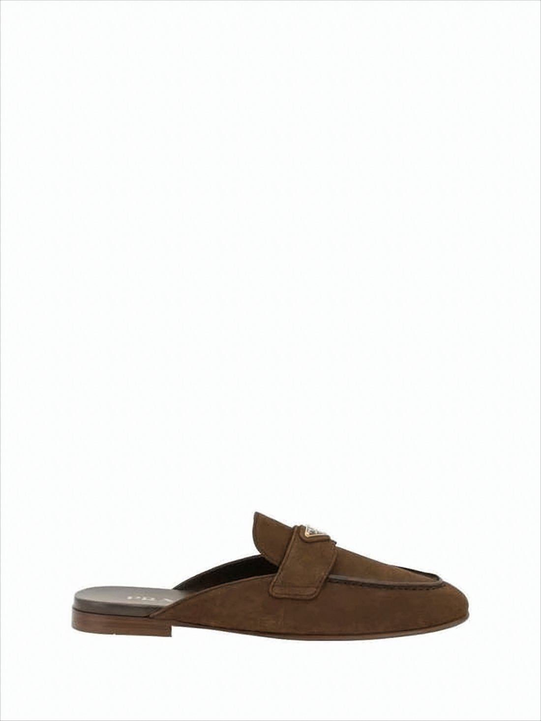 Brown Suede Slip-On Flats With Metallic Emblem