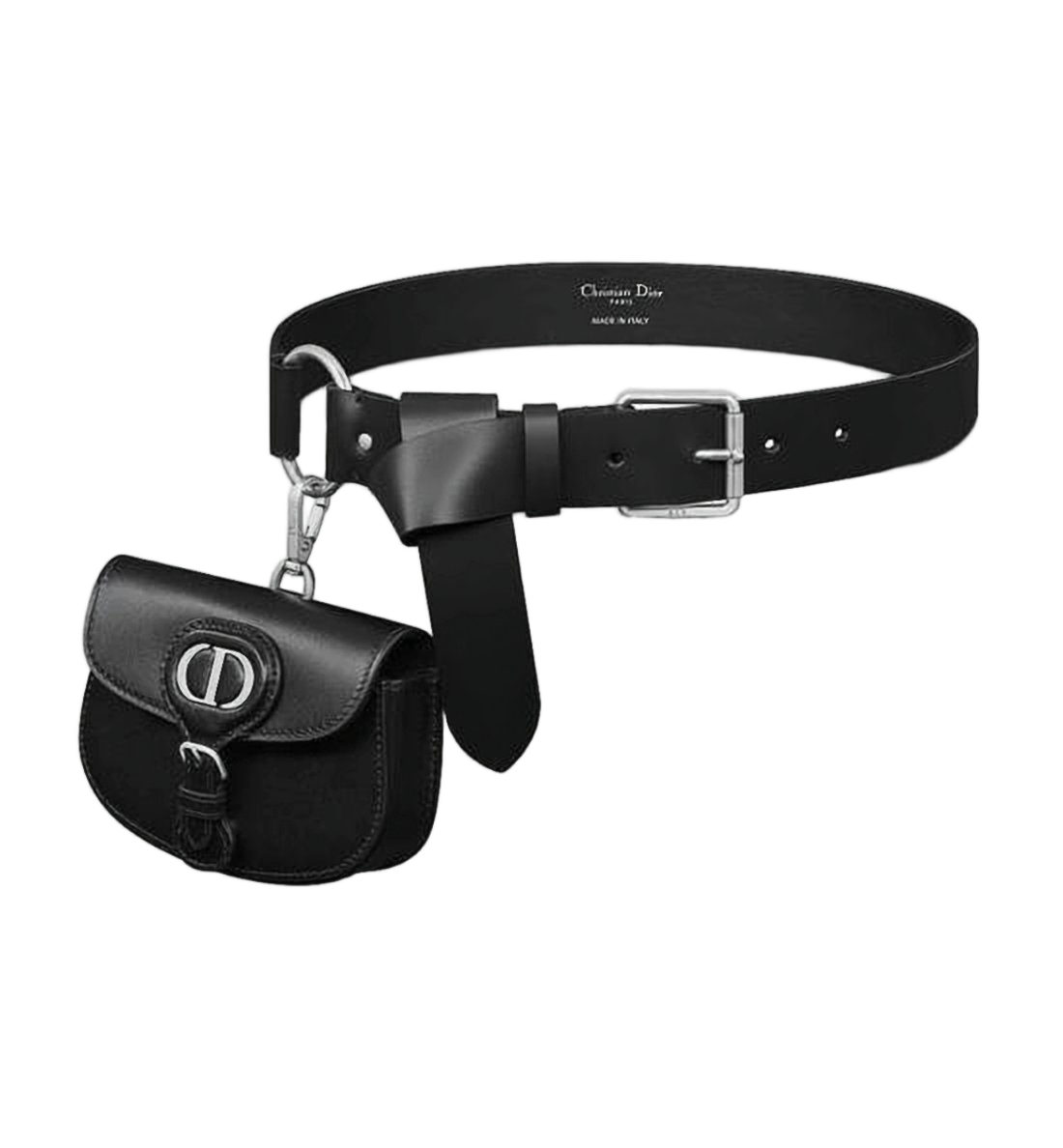 Black Calfskin Leather Belt With Flap Pouch And Metallic Logo