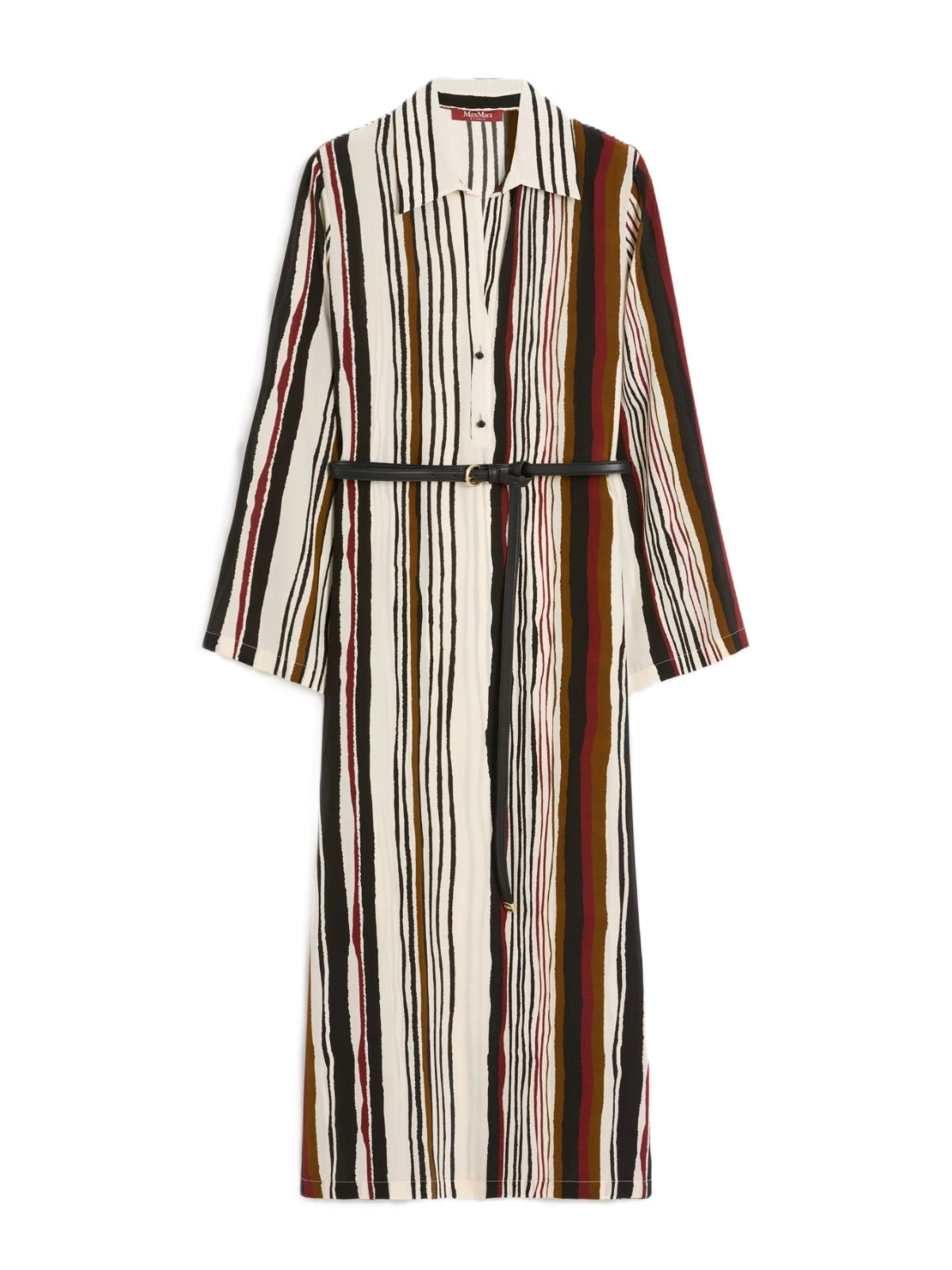 Vertical Striped Midi Dress with Collared Neckline