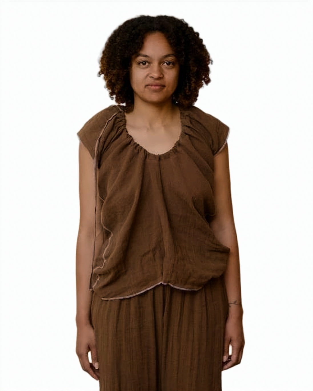 Brown Sleeveless Loose Fit Gathered Top