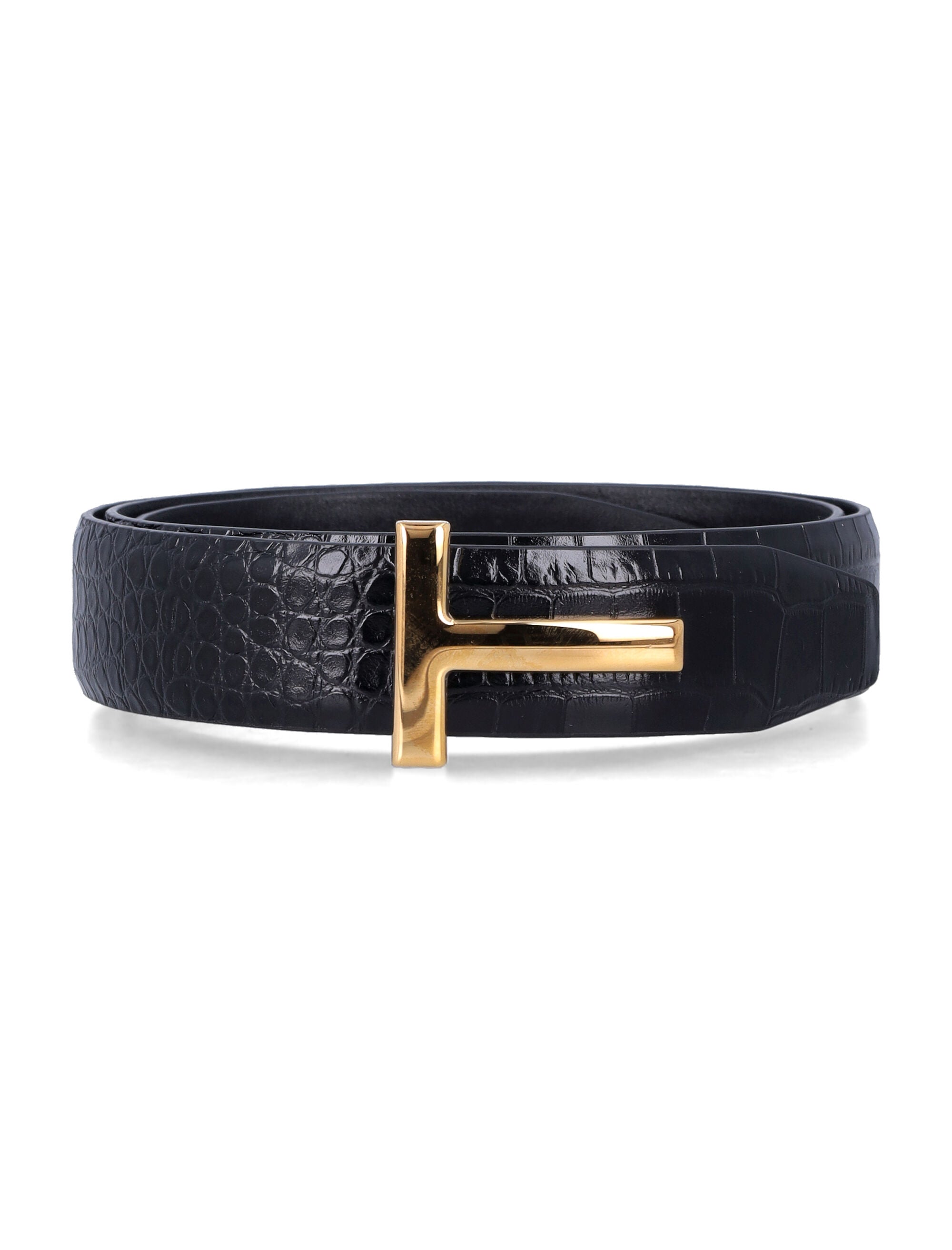 Croc-Embossed Leather T Buckle Belt