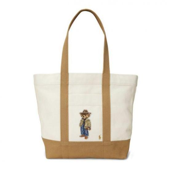 Two-Tone Cotton Tote Bag with Playful Bear Embroidery