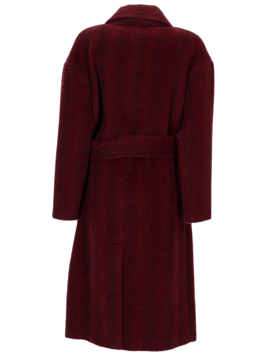Burgundy Herringbone Coat With Wide Lapel