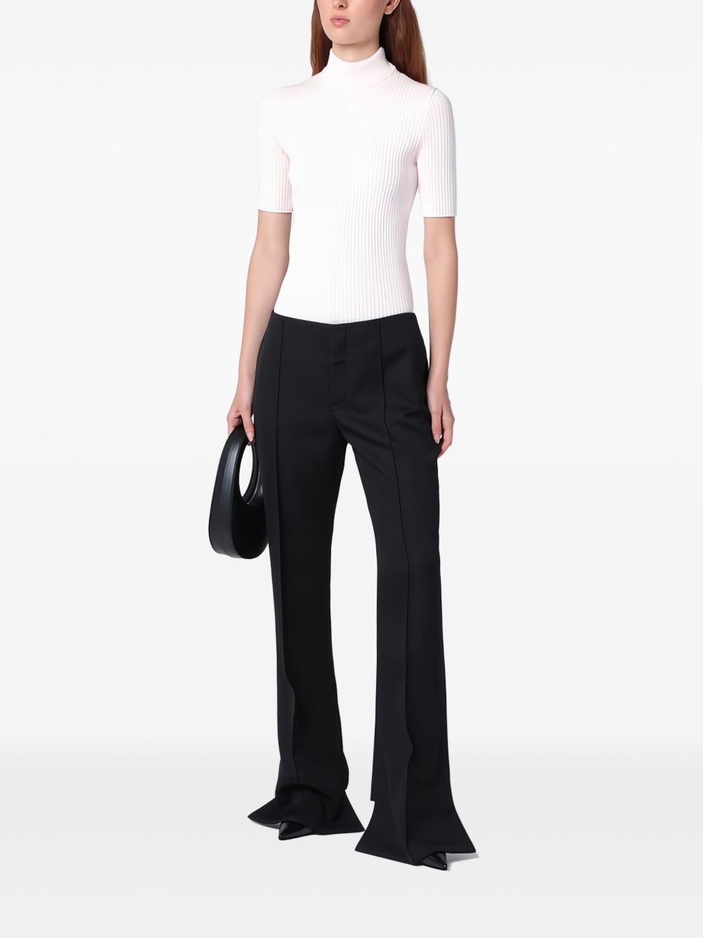 Ribbed Silk-Nylon Top With Mock Neck