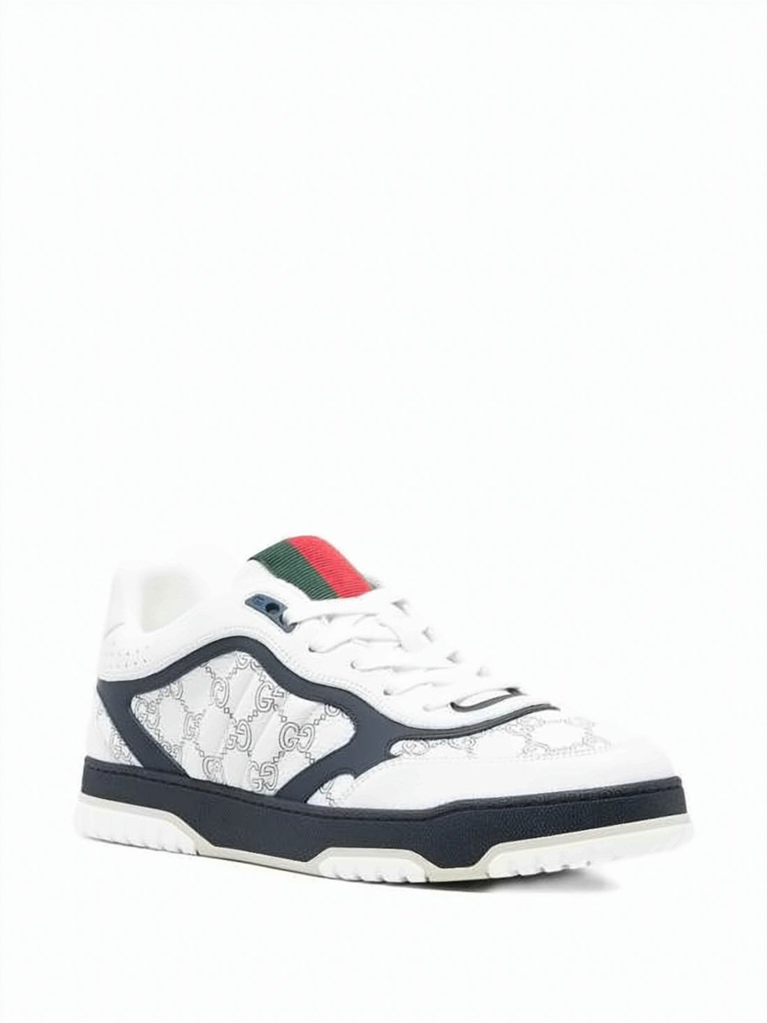 Low-Profile White Leather Sneakers with Navy Overlays and Monogram Side Panel