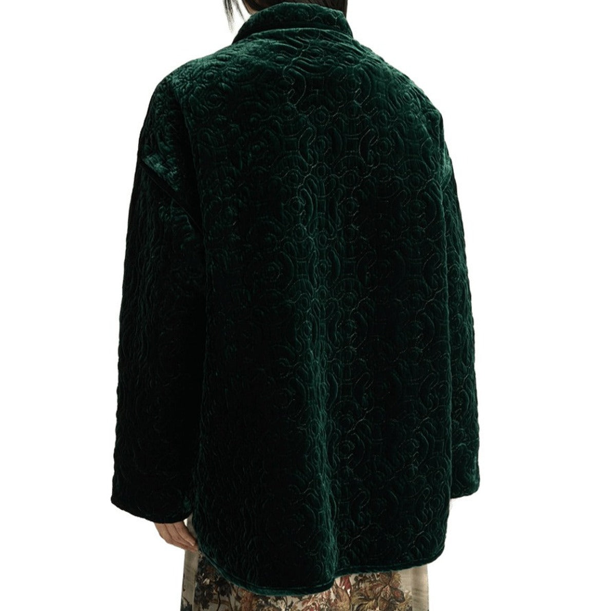 Embossed Floral Velvet Green Coat With Relaxed Fit