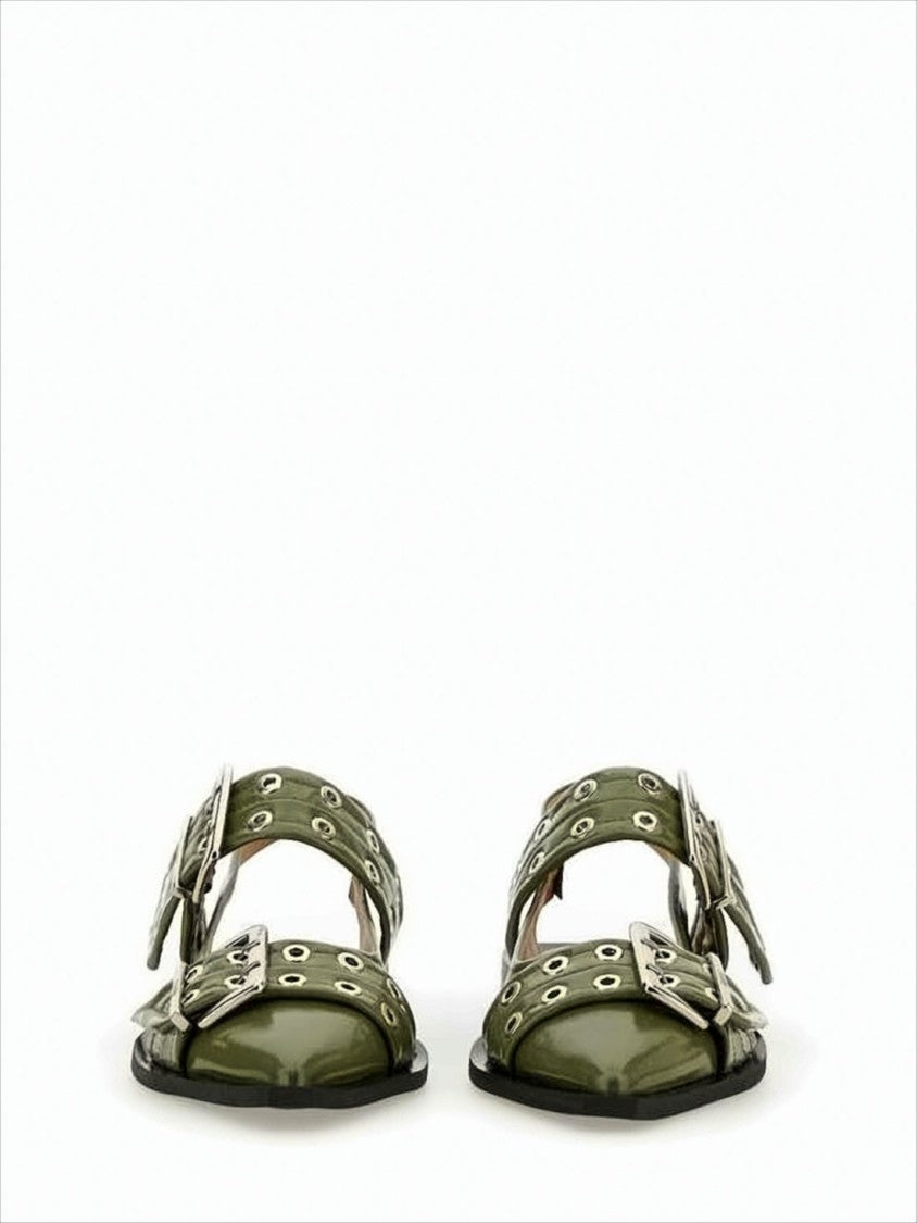 Glossy Olive Green Leather Flat Shoes with Buckle Detailing