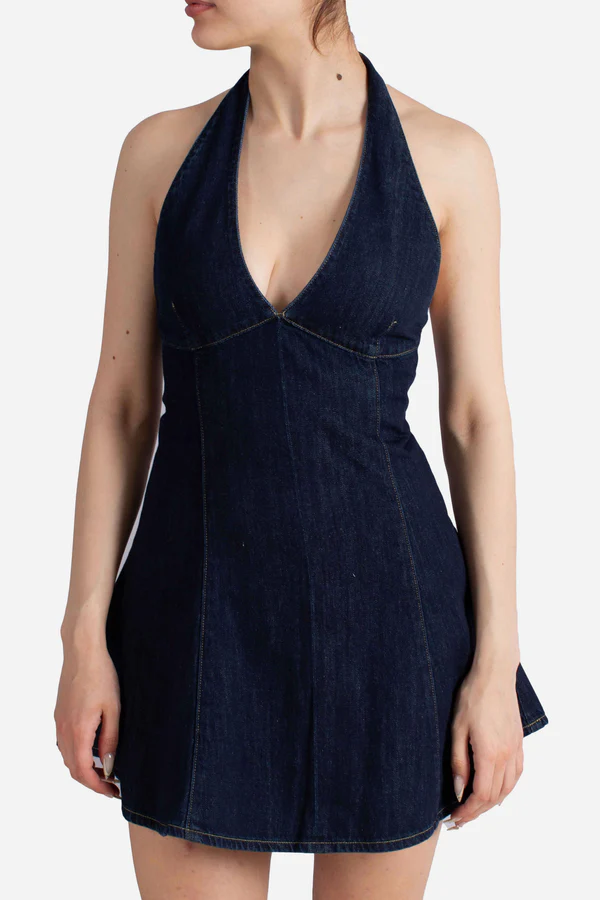 Dark Blue Denim Mini Dress with Halter Neckline