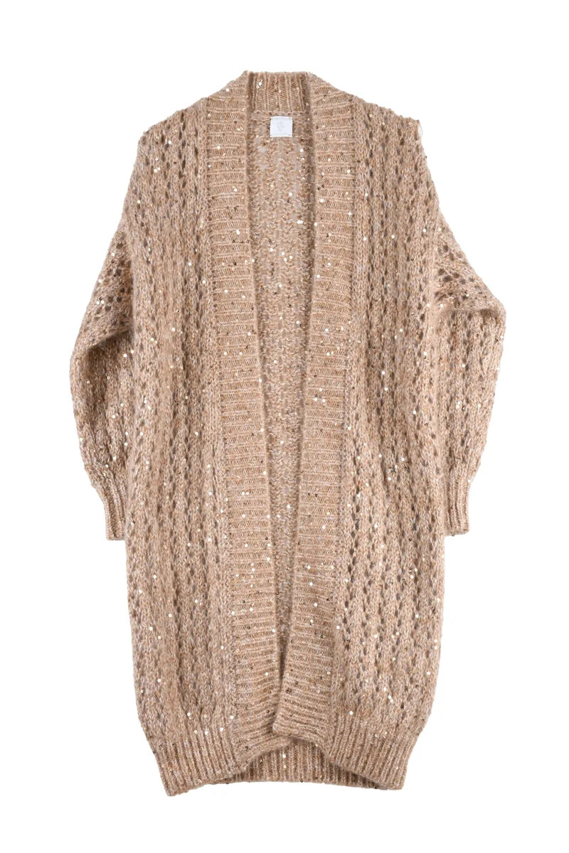 Women's Long Lamé Cardigan - Beige/White
