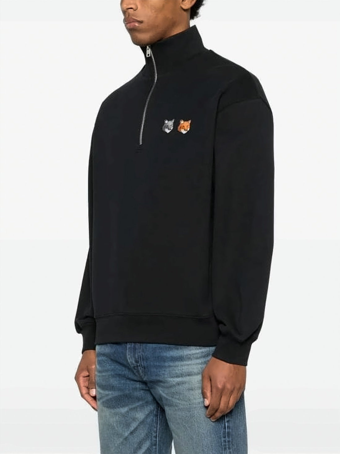 Half-Zip Pullover Sweatshirt with Embroidered Fox Motifs