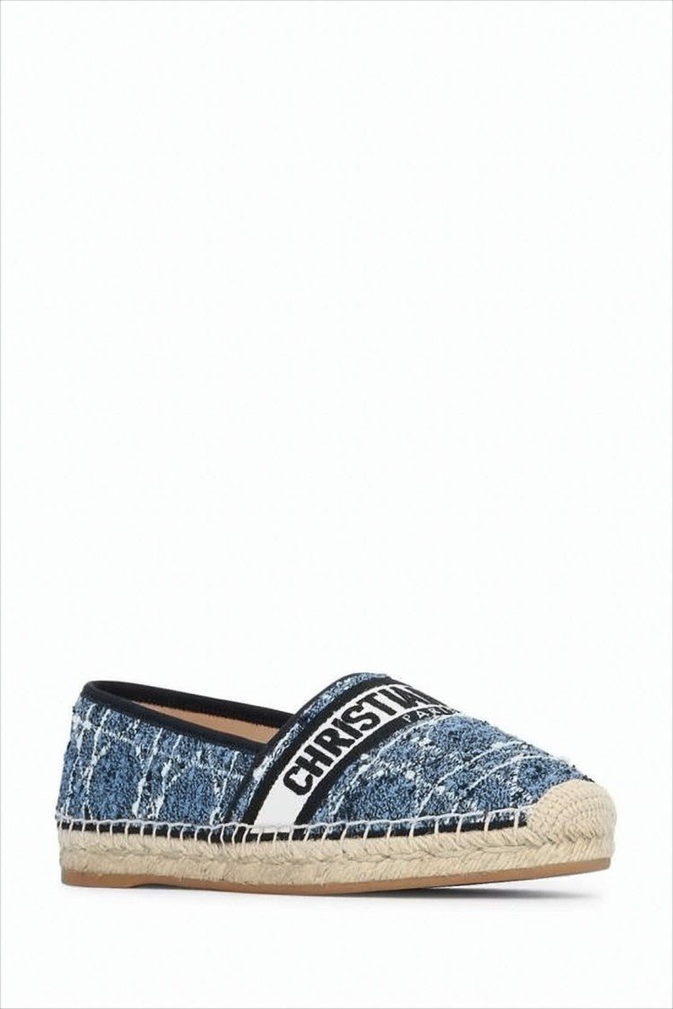 Textured Denim Espadrille Flats With Woven Jute Sole