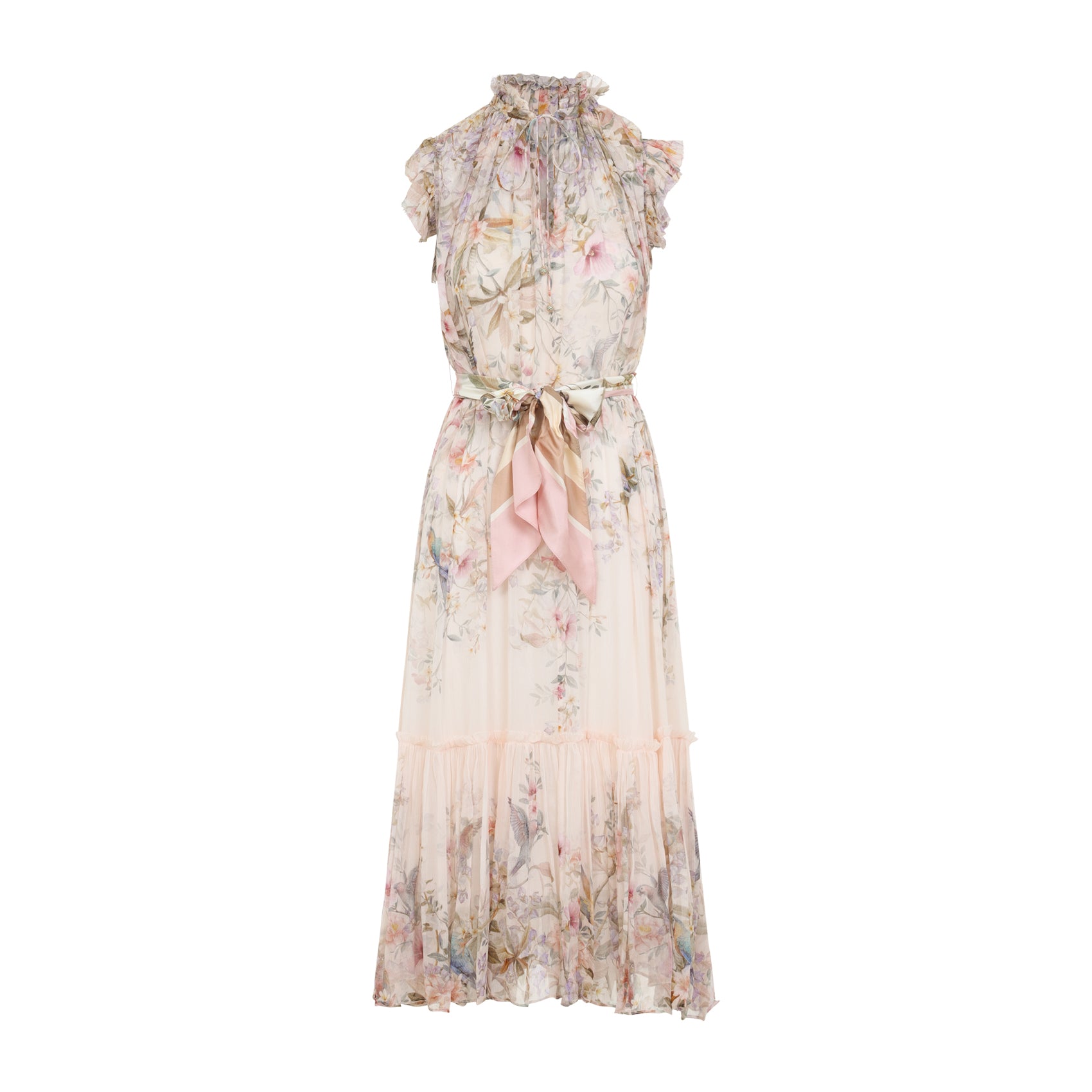Floral Print Midi Dress With Ruffled Neckline
