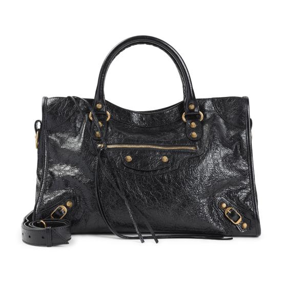 Textured Black Leather Medium Shoulder Bag